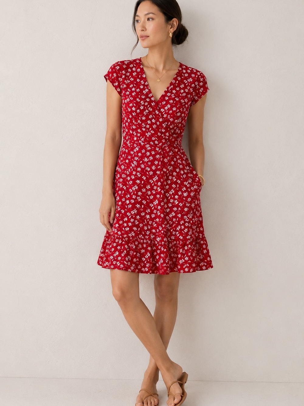J.Crew Mercantile Red White Floral Cap Sleeve Ruffle Faux Wrap Dress Sz 8 NWT